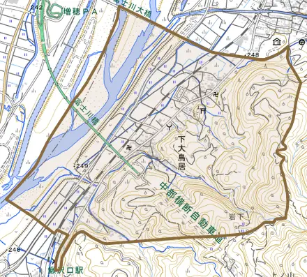 下大鳥居とその周辺の地図。町の範囲を重ねている