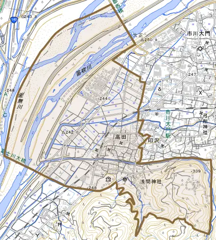 高田とその周辺の地図。町の範囲を重ねている