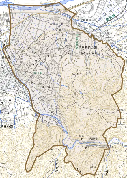 上野とその周辺の地図。町の範囲を重ねている