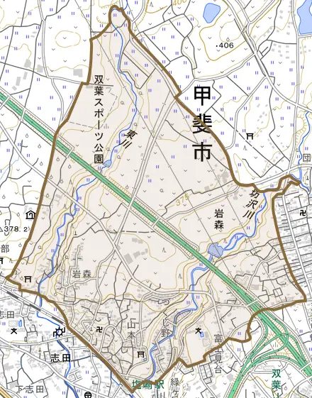 岩森とその周辺の地図。町の範囲を重ねている
