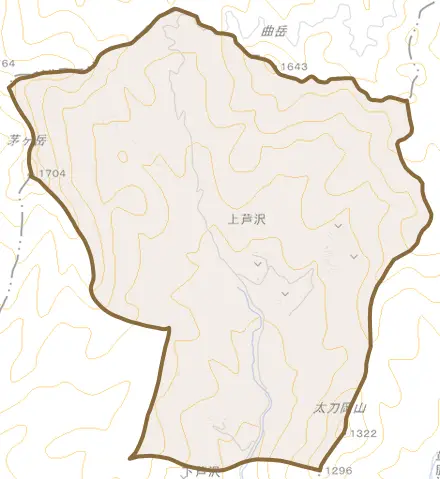 上芦沢とその周辺の地図。町の範囲を重ねている
