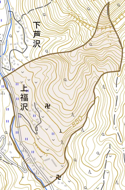 上福沢とその周辺の地図。町の範囲を重ねている