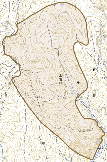 上菅口とその周辺の地図。町の範囲を重ねている