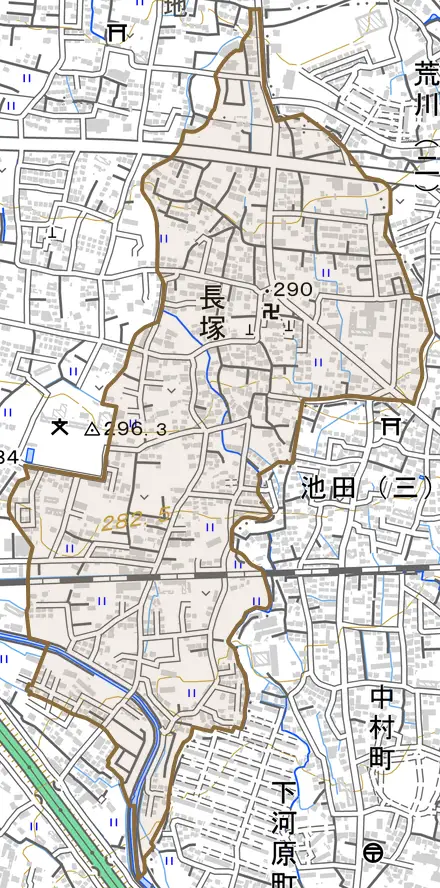 長塚とその周辺の地図。町の範囲を重ねている