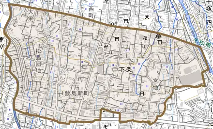 中下条とその周辺の地図。町の範囲を重ねている