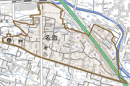 名取とその周辺の地図。町の範囲を重ねている