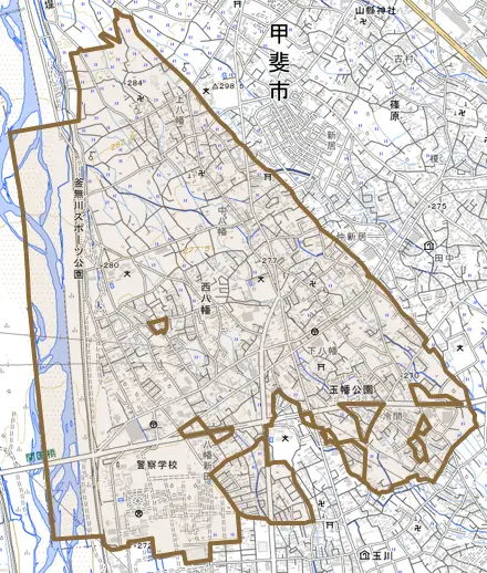 西八幡とその周辺の地図。町の範囲を重ねている