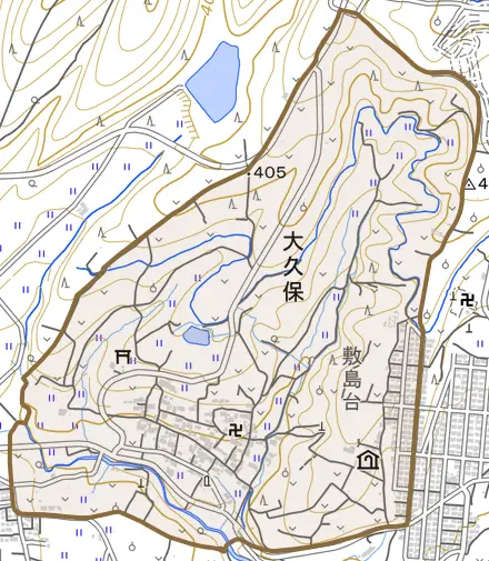大久保とその周辺の地図。町の範囲を重ねている