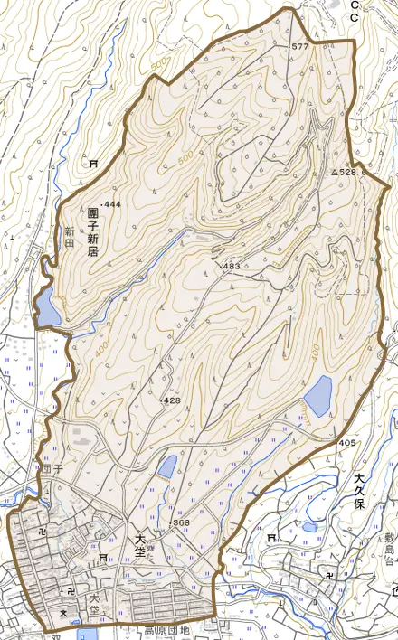 大垈とその周辺の地図。町の範囲を重ねている
