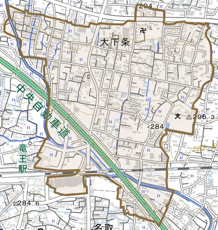 大下条とその周辺の地図。町の範囲を重ねている