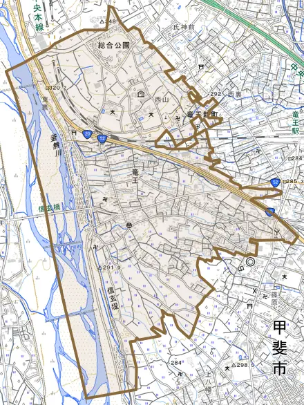 竜王とその周辺の地図。町の範囲を重ねている