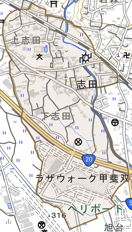 志田とその周辺の地図。町の範囲を重ねている