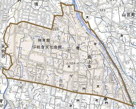 島上条とその周辺の地図。町の範囲を重ねている