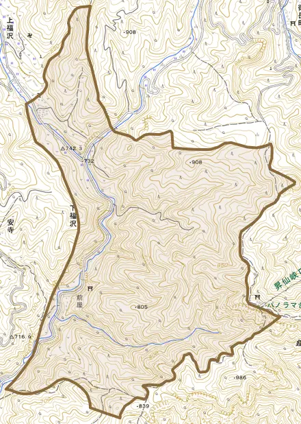 下福沢とその周辺の地図。町の範囲を重ねている