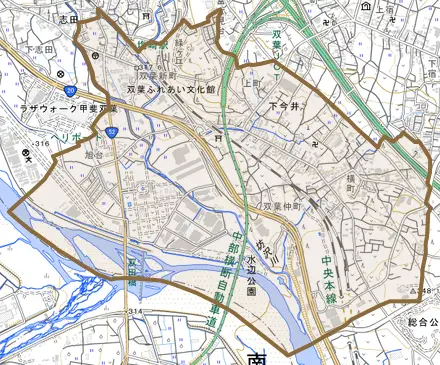 下今井とその周辺の地図。町の範囲を重ねている