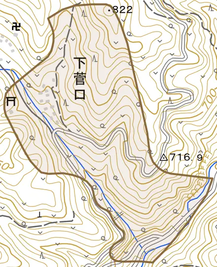 下菅口とその周辺の地図。町の範囲を重ねている