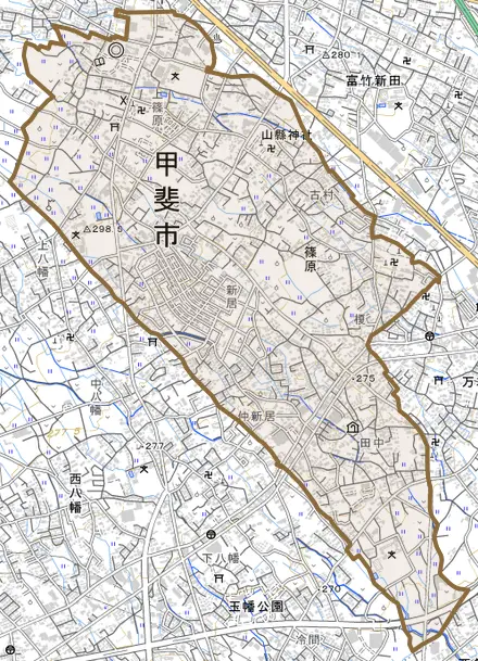 篠原とその周辺の地図。町の範囲を重ねている
