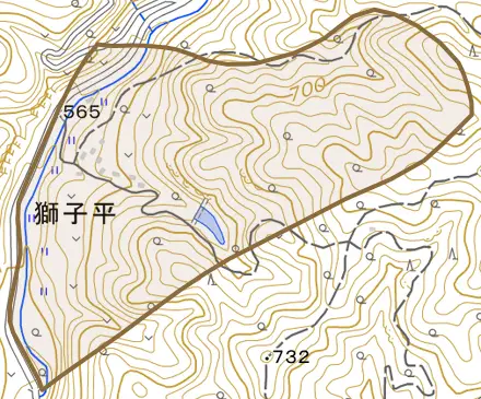 獅子平とその周辺の地図。町の範囲を重ねている
