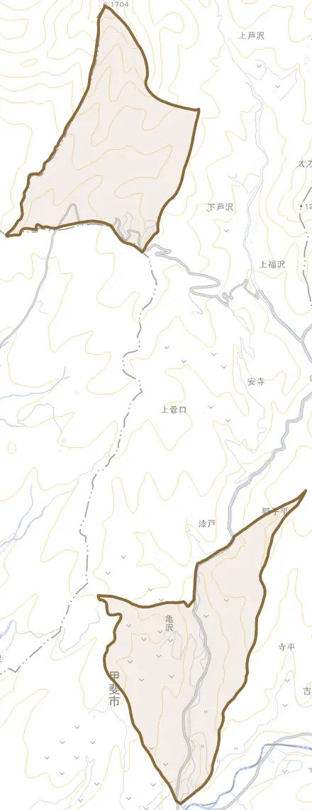 亀沢とその周辺の地図。町の範囲を重ねている