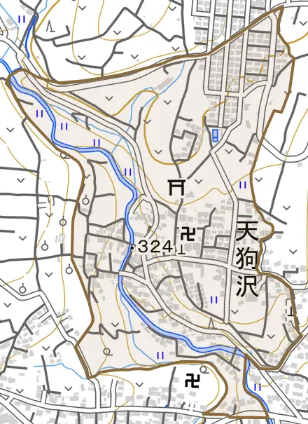 天狗沢とその周辺の地図。町の範囲を重ねている