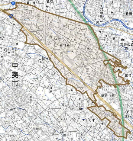 富竹新田とその周辺の地図。町の範囲を重ねている