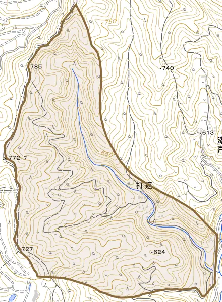 打返とその周辺の地図。町の範囲を重ねている