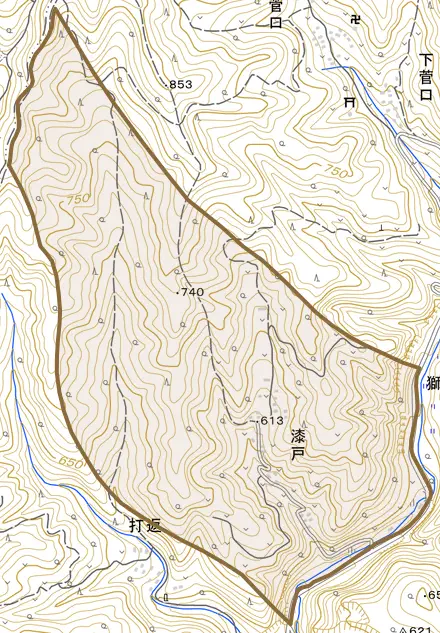 漆戸とその周辺の地図。町の範囲を重ねている