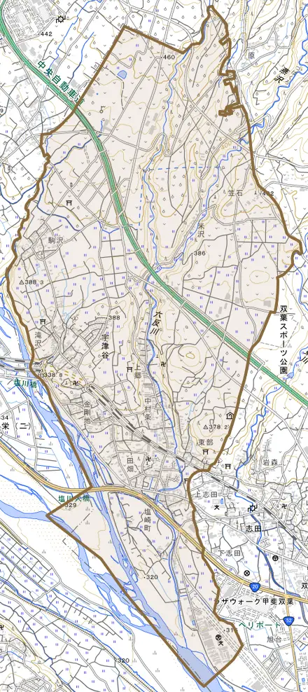 宇津谷とその周辺の地図。町の範囲を重ねている