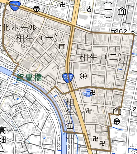 相生とその周辺の地図。町の範囲を重ねている