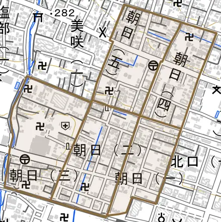朝日とその周辺の地図。町の範囲を重ねている