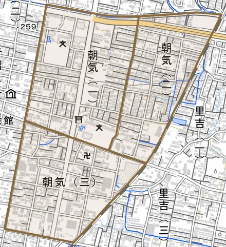 朝気とその周辺の地図。町の範囲を重ねている