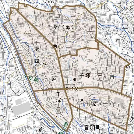 千塚とその周辺の地図。町の範囲を重ねている
