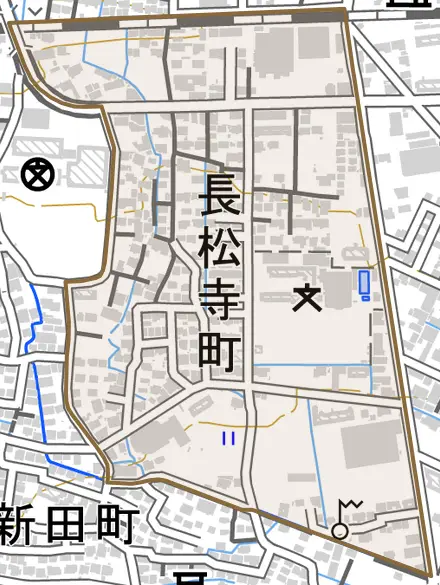 長松寺町とその周辺の地図。町の範囲を重ねている