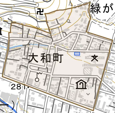 大和町とその周辺の地図。町の範囲を重ねている