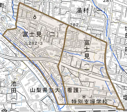 富士見とその周辺の地図。町の範囲を重ねている