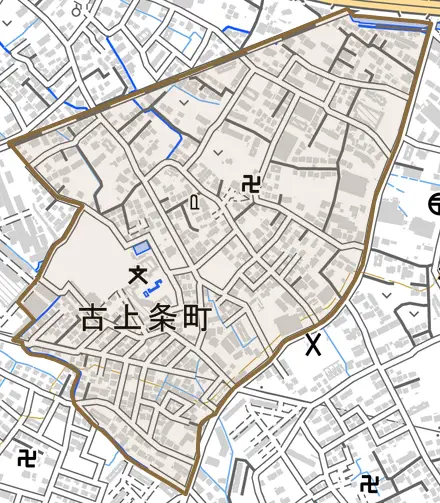 古上条町とその周辺の地図。町の範囲を重ねている