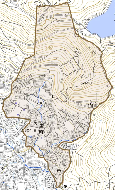 羽黒町とその周辺の地図。町の範囲を重ねている