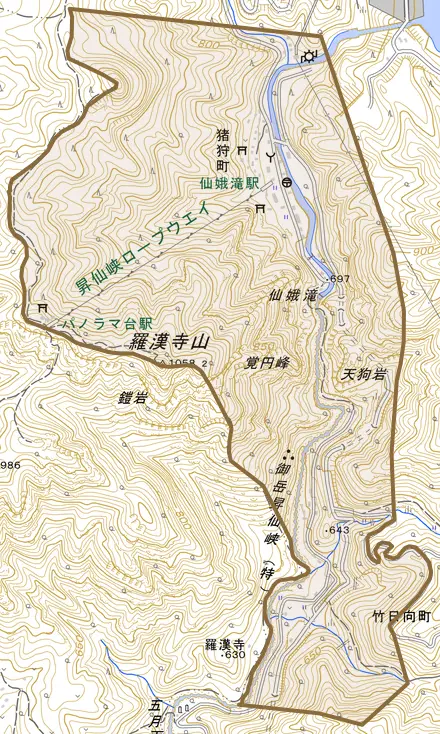 猪狩町とその周辺の地図。町の範囲を重ねている