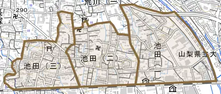 池田とその周辺の地図。町の範囲を重ねている