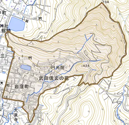 岩窪町とその周辺の地図。町の範囲を重ねている