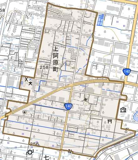 上阿原町とその周辺の地図。町の範囲を重ねている