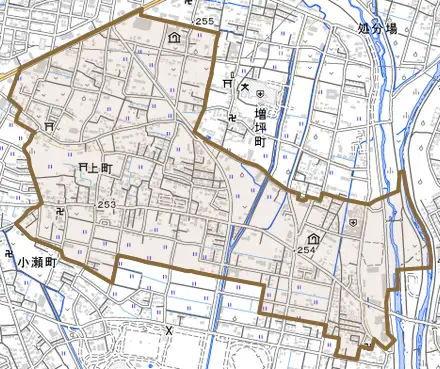 上町とその周辺の地図。町の範囲を重ねている