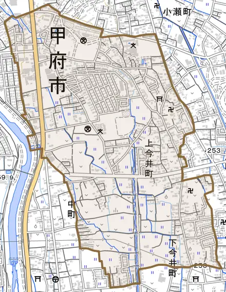 上今井町とその周辺の地図。町の範囲を重ねている