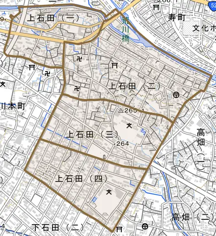 上石田とその周辺の地図。町の範囲を重ねている