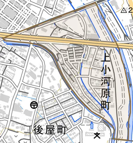 上小河原町とその周辺の地図。町の範囲を重ねている