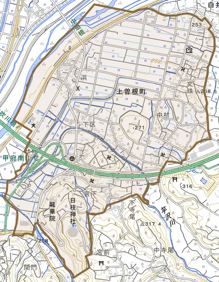 上曽根町とその周辺の地図。町の範囲を重ねている