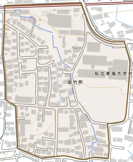 金竹町とその周辺の地図。町の範囲を重ねている