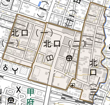 北口とその周辺の地図。町の範囲を重ねている
