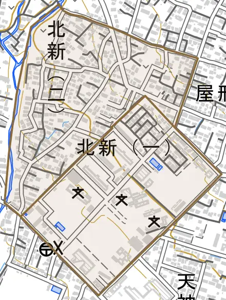 北新とその周辺の地図。町の範囲を重ねている