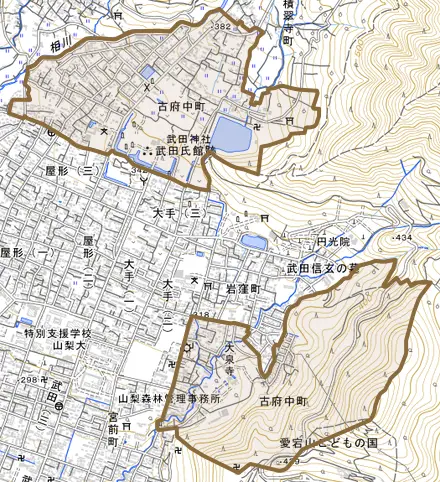 古府中町とその周辺の地図。町の範囲を重ねている